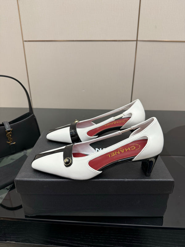 Slingback CC 26P 5 cm Cuir d'Agneau et Cuir Verni Blanc Noir 791606
