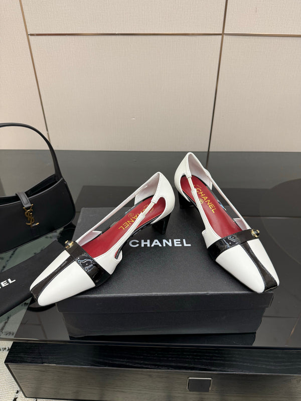 Slingback CC 26P 5 cm Cuir d'Agneau et Cuir Verni Blanc Noir 791606