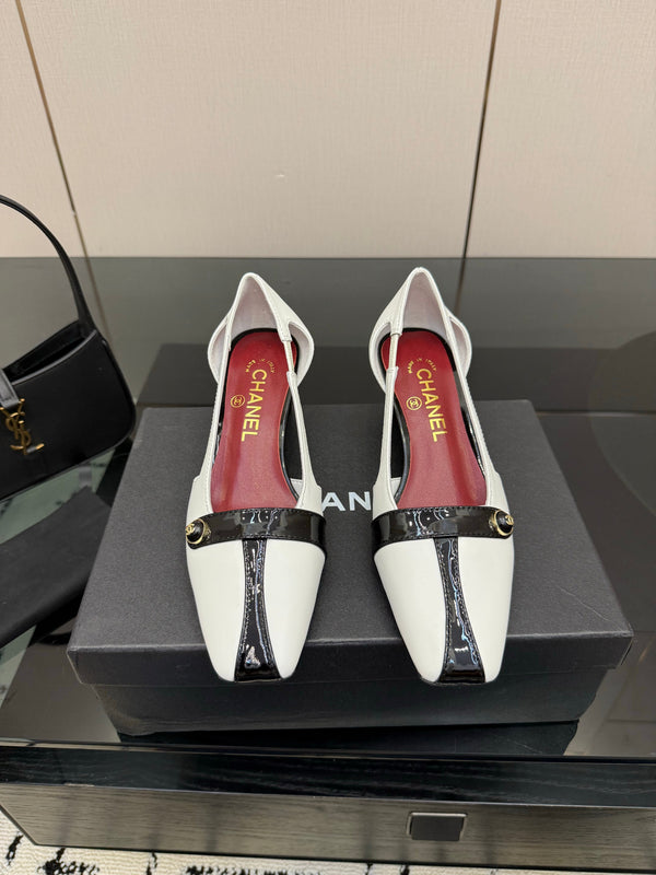 Slingback CC 26P 5 cm Cuir d'Agneau et Cuir Verni Blanc Noir 791606