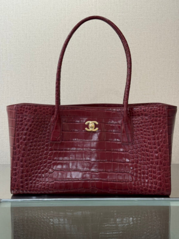 CC 2026 Executive Cerf Tote Bag Burgundy Crocodile Embossed Leather