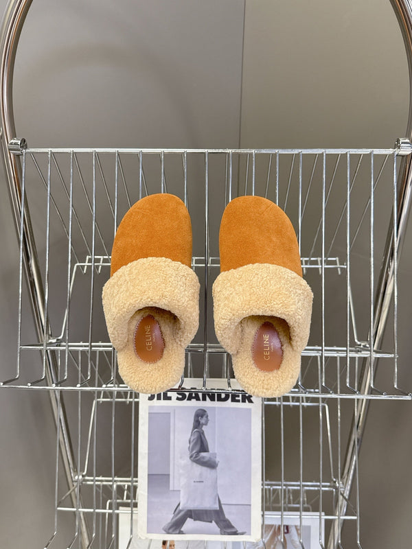 CL 26s Wedge Mules In Orange Brown Suede And Beige Wool