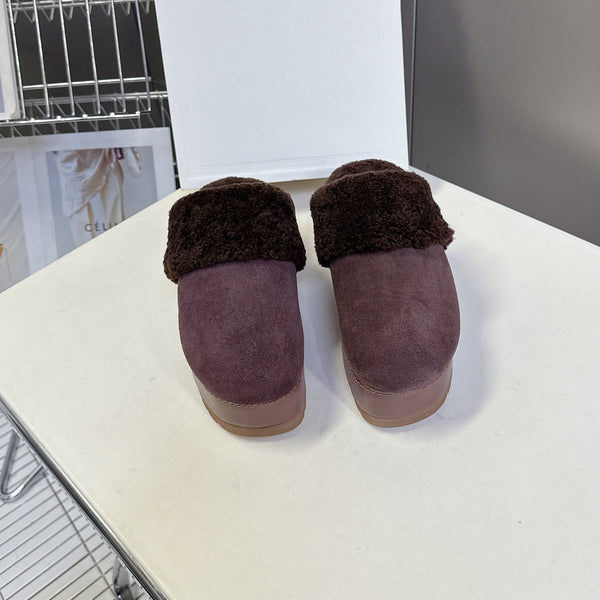 CL 26s Wedge Mules In Plum Brown Suede And Wool