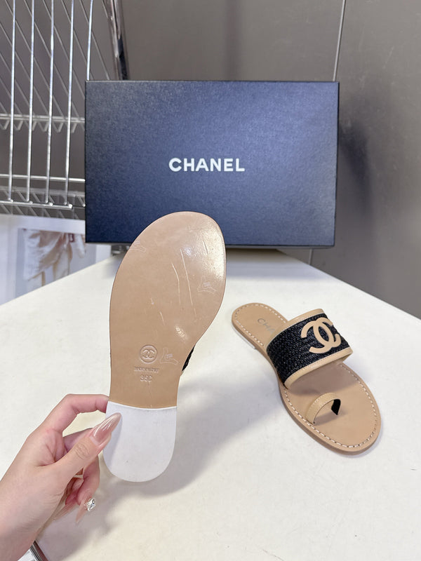 CC Été 2026 Mules Beige Noir Rafia Peau d'agneau 635522