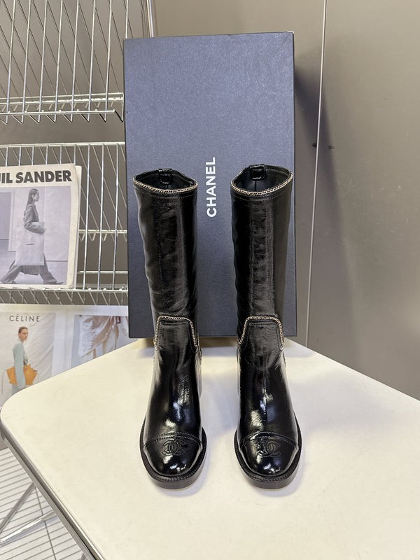 CC 26s Chain-Embellished Long Boots Black Glossy Lambskin 948052