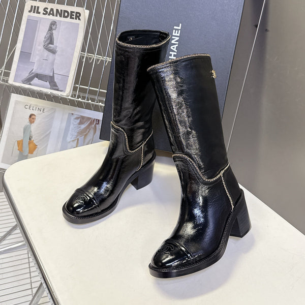 CC 26s Chain-Embellished Long Boots Black Glossy Lambskin 948052