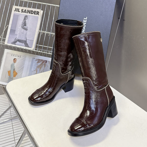 CC 26s Chain-Embellished Long Boots Brown Glossy Lambskin 948053