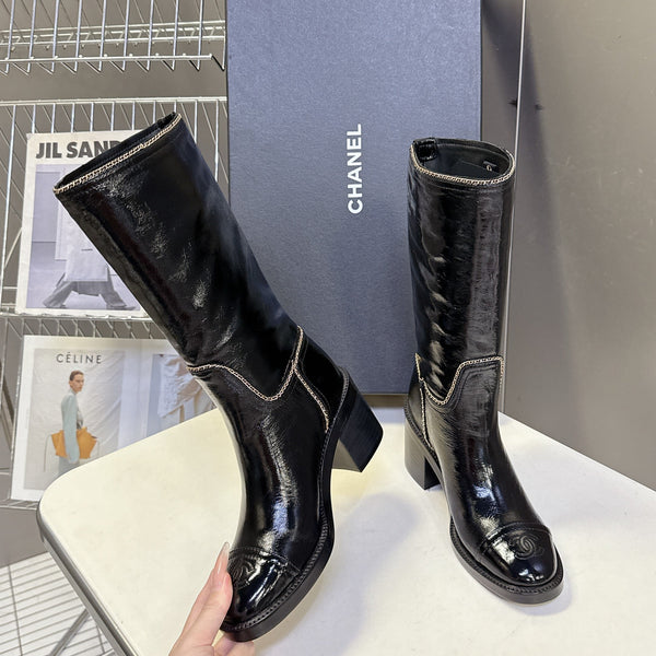 CC 26s Chain-Embellished Long Boots Black Glossy Lambskin 948052