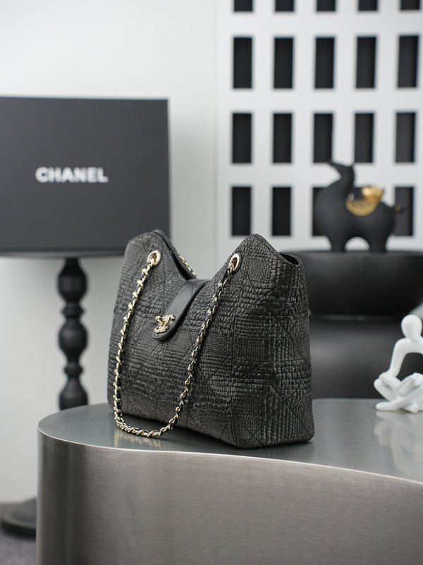 CC Shopping Bag 32cm Black Braided Raffia