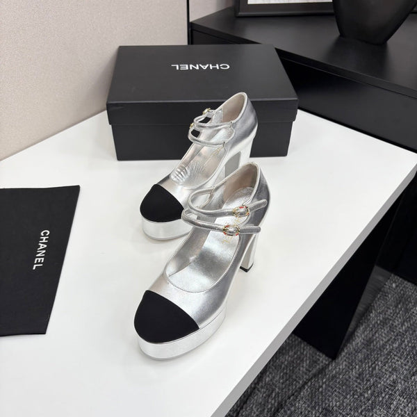 CC 25S Mary Jane Platform 11cm Silver Metalic Calfskin Grosgrain