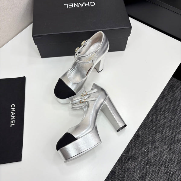 CC 25S Mary Jane Platform 11cm Silver Metalic Calfskin Grosgrain