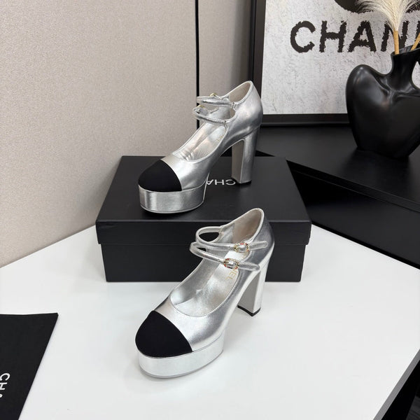 CC 25S Mary Jane Platform 11cm Silver Metalic Calfskin Grosgrain