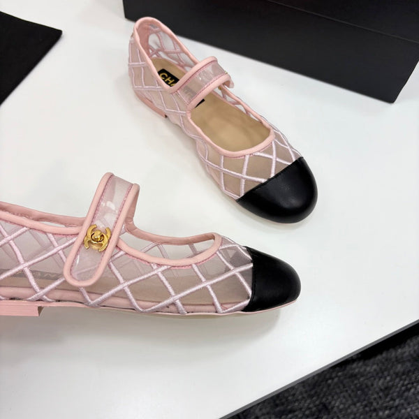CC 25 Mary Jane White Pink Mesh Black Calfskin