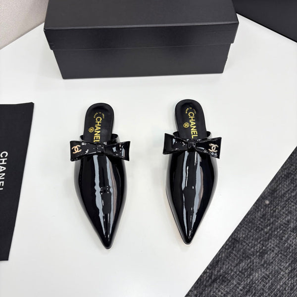 CC 25 Point-Toe Flat Mule Black Patent Calfskin 352472