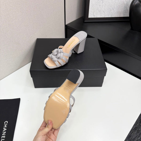 CC 25 Camellia Open Heel Mule Sandals 90mm Grey Beige Sheepskin And Fabric 368842