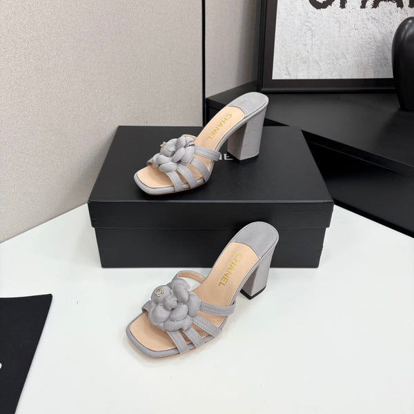 CC 25 Camellia Open Heel Mule Sandals 90mm Grey Beige Sheepskin And Fabric 368842