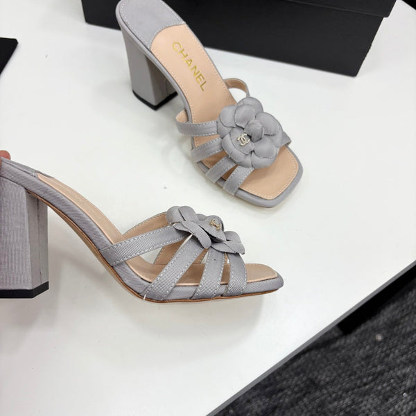 CC 25 Camellia Open Heel Mule Sandals 90mm Grey Beige Sheepskin And Fabric 368842