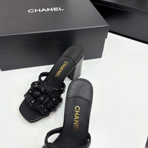 CC 25 Camellia Open Heel Mule Sandals 90mm Black Coarse Glitter Fabric And Sheepskin 368846