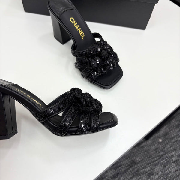 CC 25 Camellia Open Heel Mule Sandals 90mm Black Coarse Glitter Fabric And Sheepskin 368846