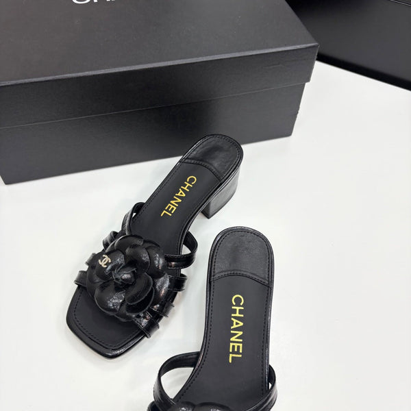 CC 25 Camellia Open Heel Mule Sandals 50mm Black Sheepskin 368855