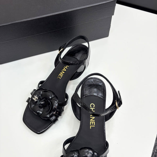 CC 25 Camellia Open Heel Sandals 50mm Black Sheepskin 368813