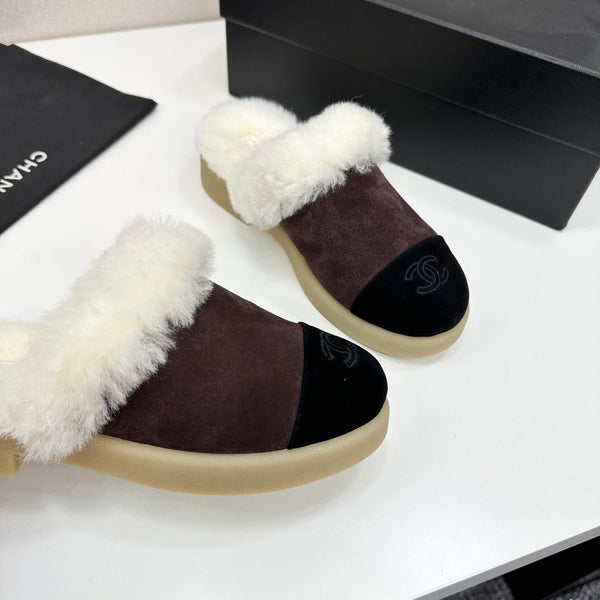 CC furry mule dark brown black suede and wool 532572