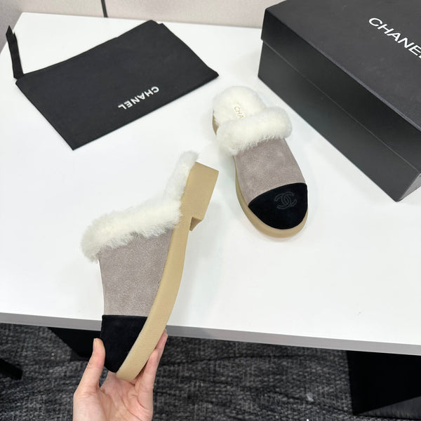 CC furry mule gray black suede and wool