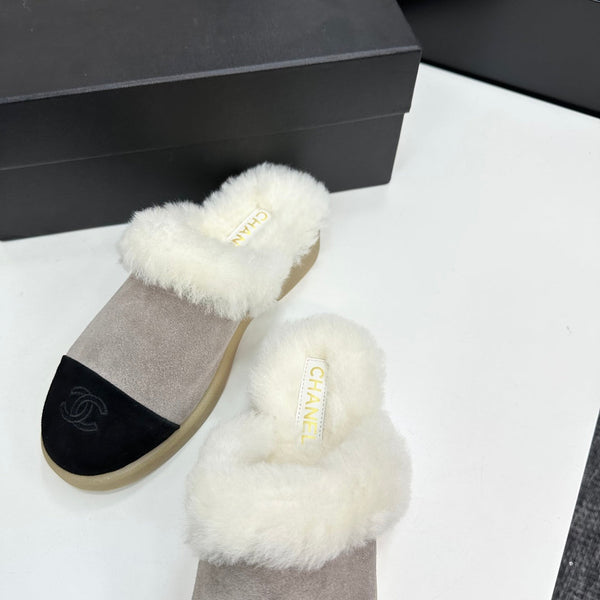 CC furry mule gray black suede and wool