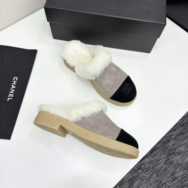 CC furry mule gray black suede and wool