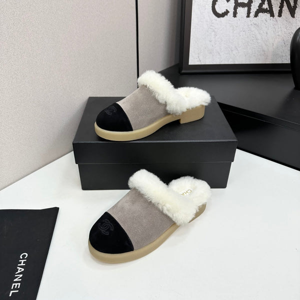 CC furry mule gray black suede and wool