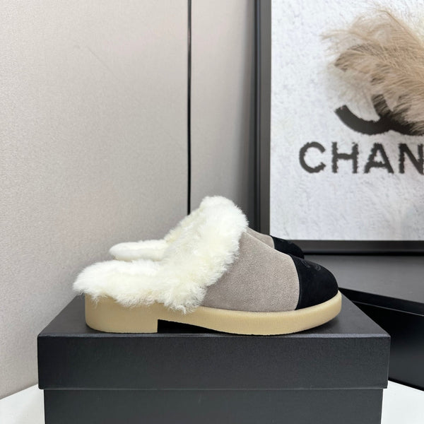 CC furry mule gray black suede and wool
