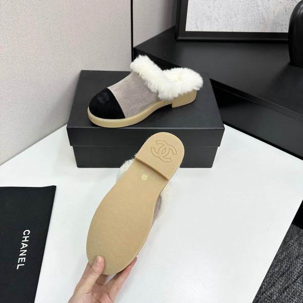 CC furry mule gray black suede and wool