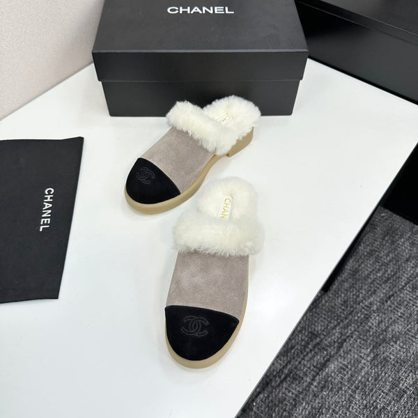 CC furry mule gray black suede and wool