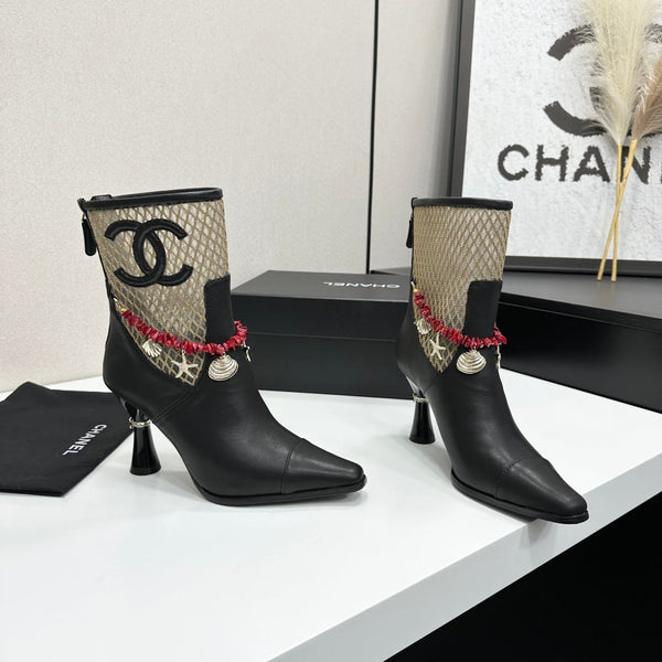 CC 26s Ankle Boots Seashell Charms Black Beige Mesh Leather 944677