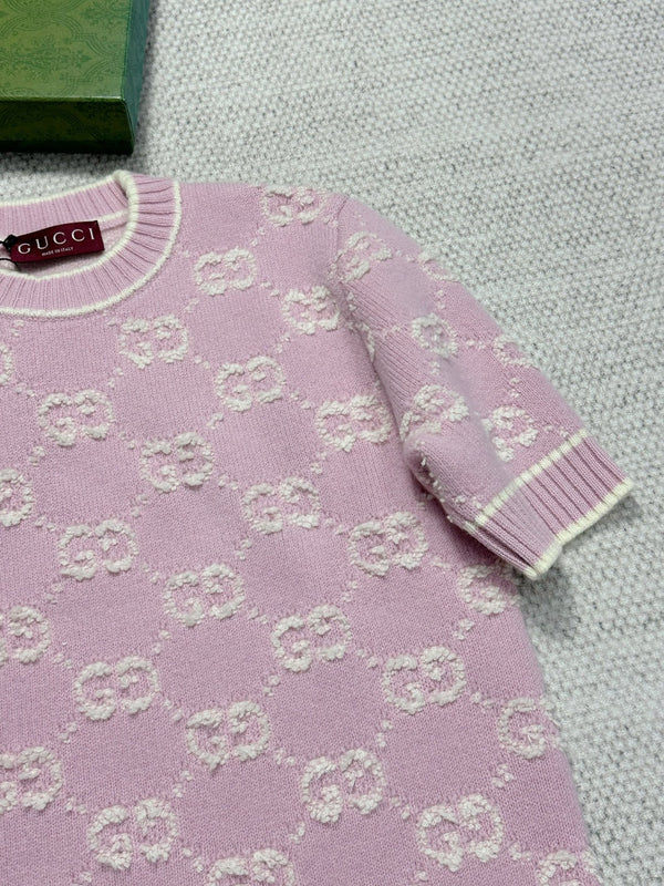 Gucci Knot Jacquard Knitted Short Sleeves Pink Wool
