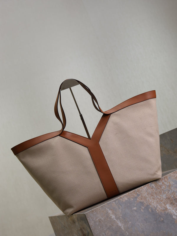 Y Tote Bag Beige Brown Canvas Leather