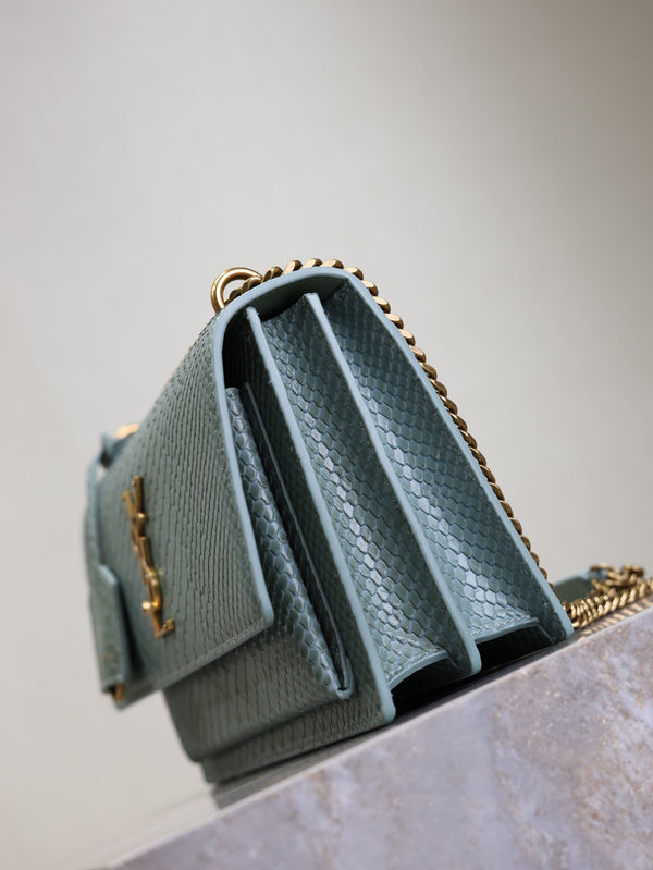 YSL Medium Sunset Shoulder Bag 22cm Grayish Blue Python Pattern Leather