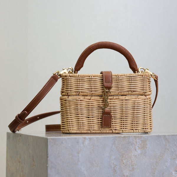 YSL Vanity Bag Beige Brown Raffia Cowhide