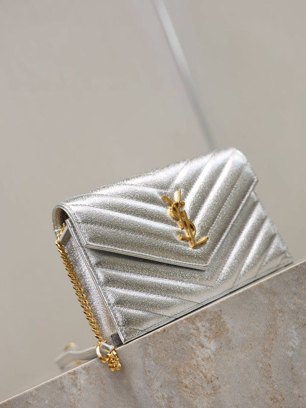 YSL Cassandre Matelassé Envelope Bag Sliver Metalic Leather