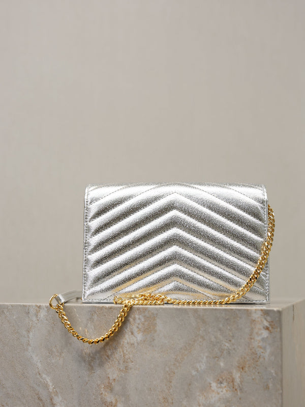 YSL Cassandre Matelassé Envelope Bag Sliver Metalic Leather
