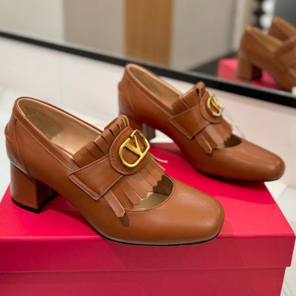Mocassino con tacco VT 2025 Signature in pelle di vitello marrone 295069