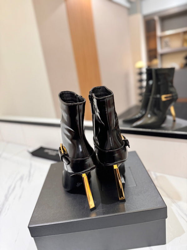YSL 25 Metal Stiletto Martin Boots Black Gold Cowhide 520779