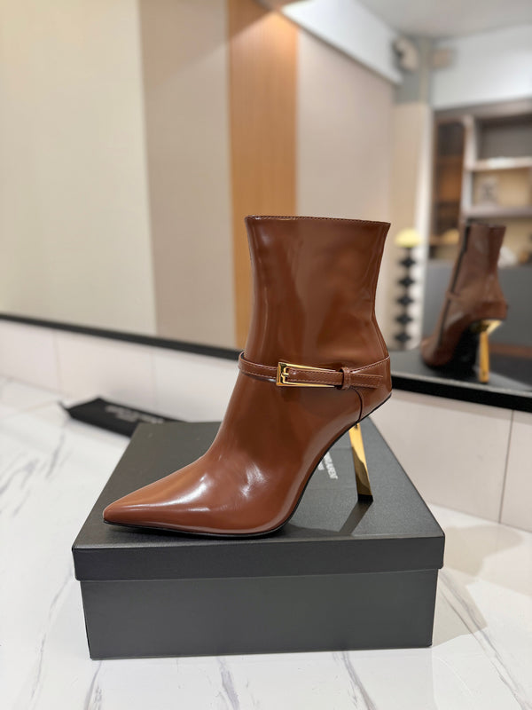 YSL 25 Metal Stiletto Martin Boots Brown Gold Cowhide 520780