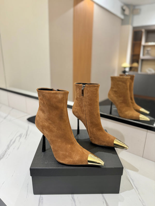 YSL 25 Metal Toe Short Boot Brown Gold Suede 520786