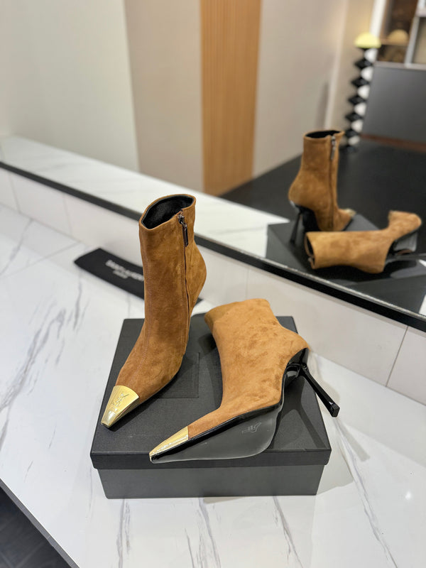 YSL 25 Metal Toe Short Boot Brown Gold Suede 520786