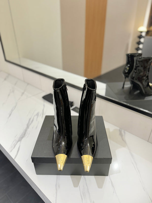 YSL 25 Metal Toe Short Boot Black Gold Patent Leather 520788