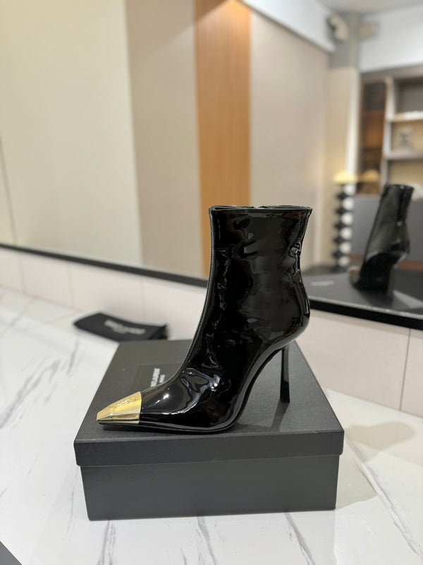 YSL 25 Metal Toe Short Boot Black Gold Patent Leather 520788