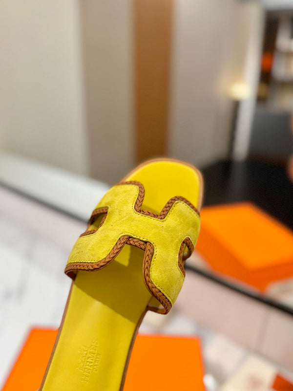 HM 26s Oran Sandals In Yellow Suede With Tan Bown Braided Trim