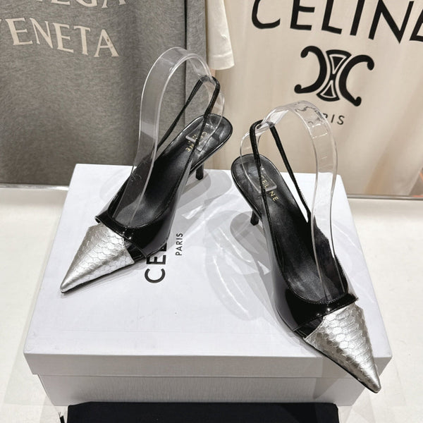 Decolleté Celine 25C Slingback in pelle di pecora mista nera e argento 236772
