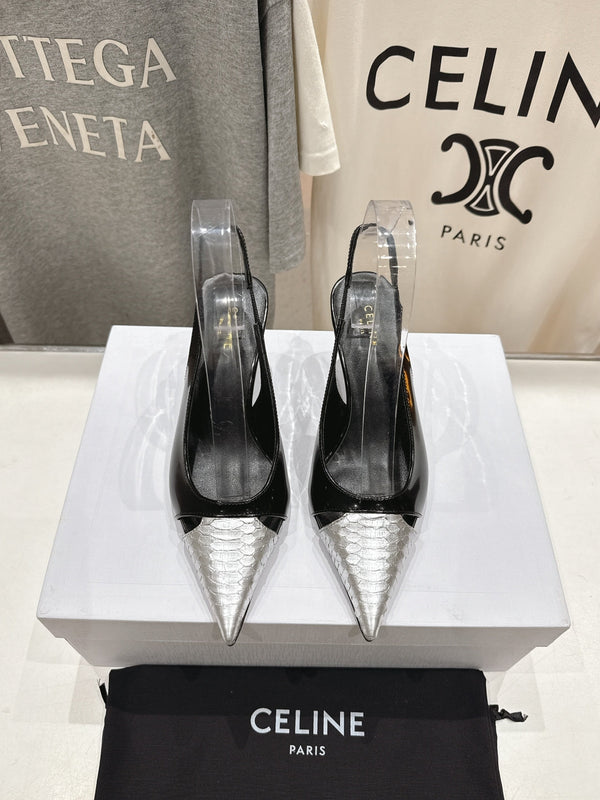Decolleté Celine 25C Slingback in pelle di pecora mista nera e argento 236772