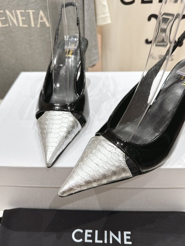 Decolleté Celine 25C Slingback in pelle di pecora mista nera e argento 236772